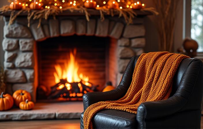 Warm autumn room with candles and pumpkins