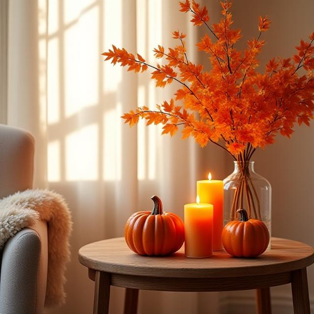Seasonal home decor setup with autumn leaves and pumpkins